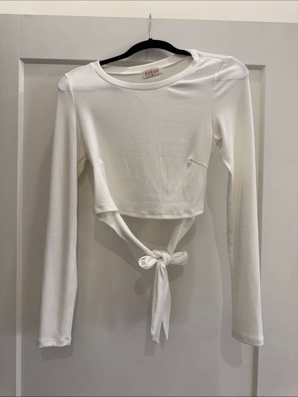 White Long-Sleeve Tie-Front Crop Top